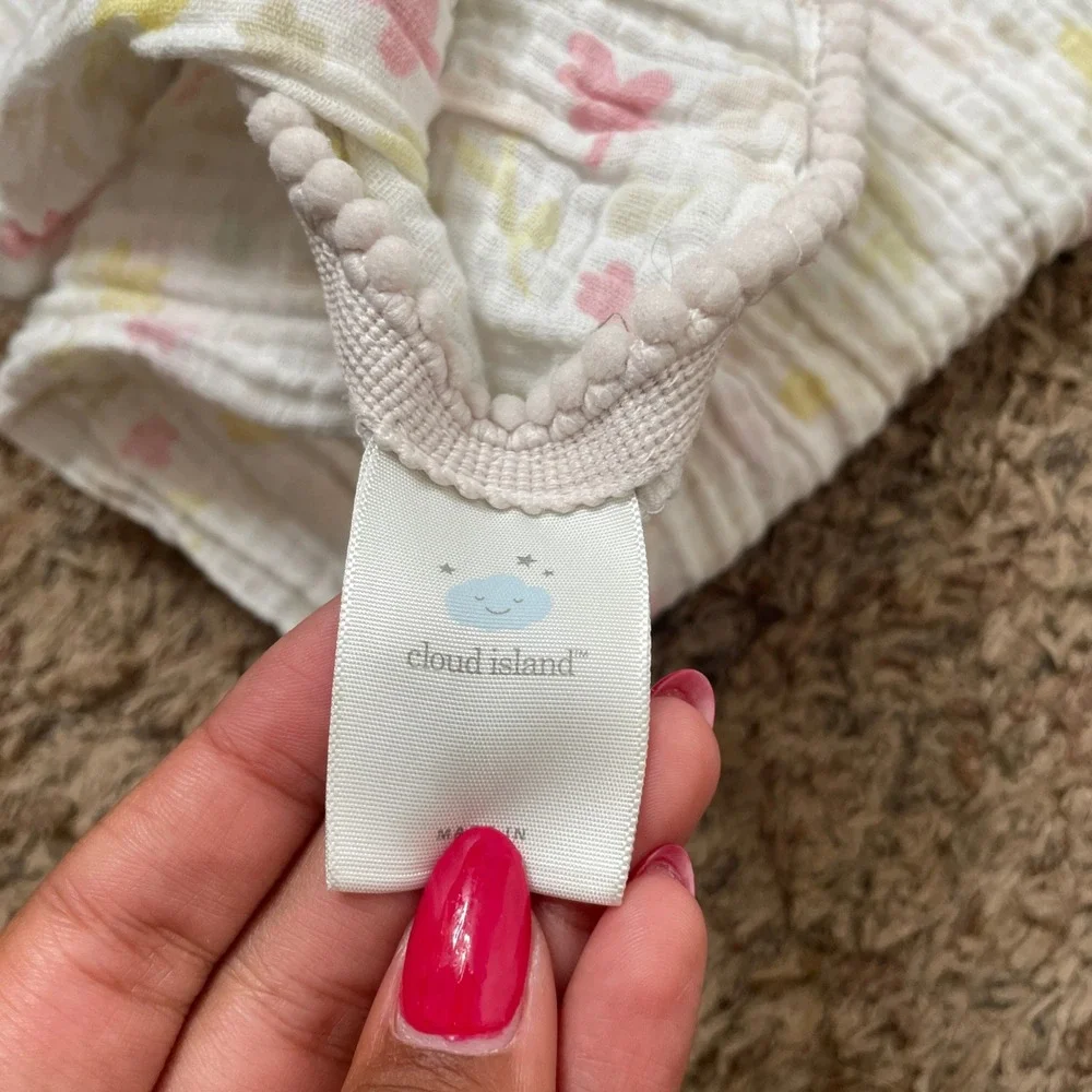 Cloud Island Muslin Baby‎ Blanket Swaddle White Pink Yellow Floral Pom Pom Trim